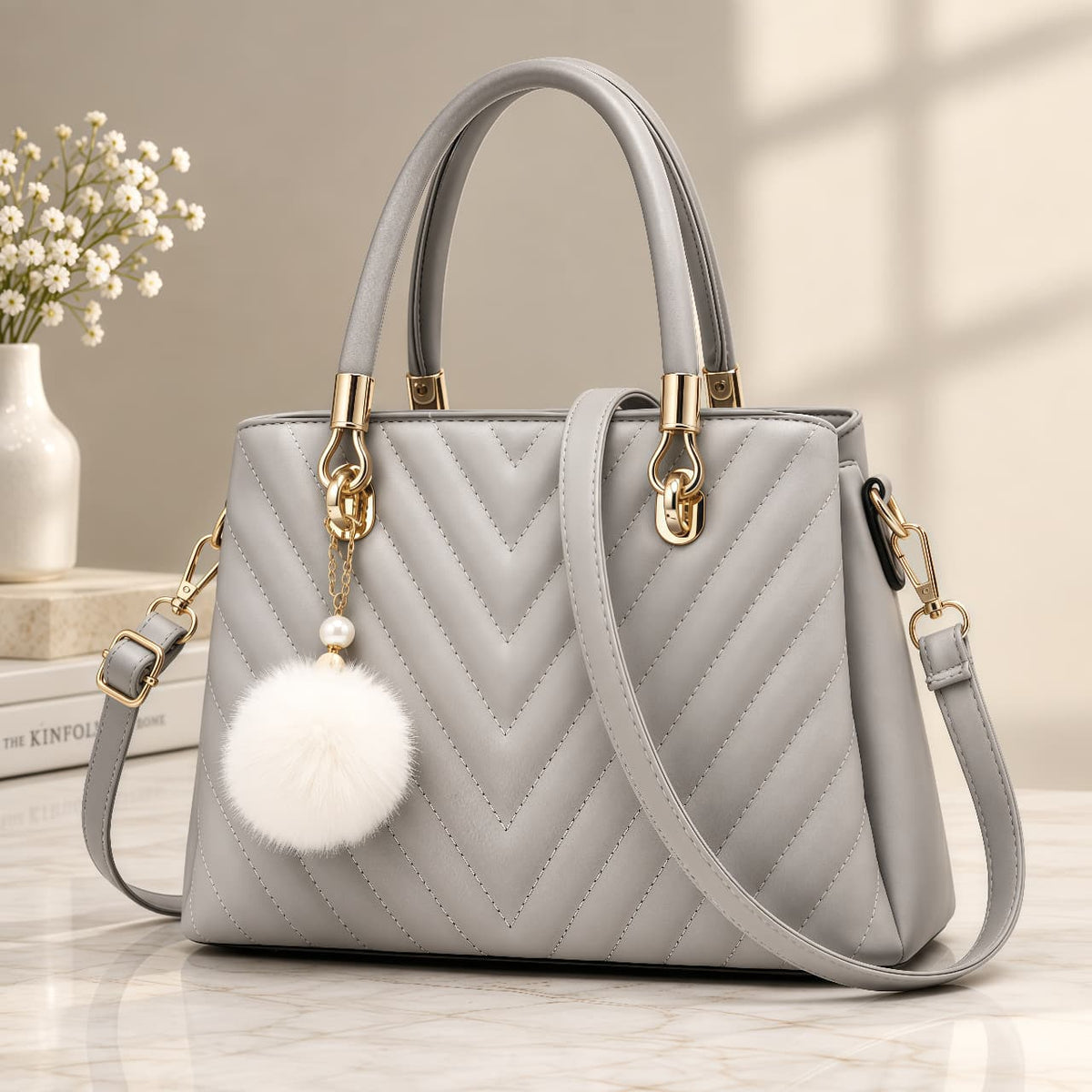 Chevron Quilted Top-Handle Bag with Crossbody Strap