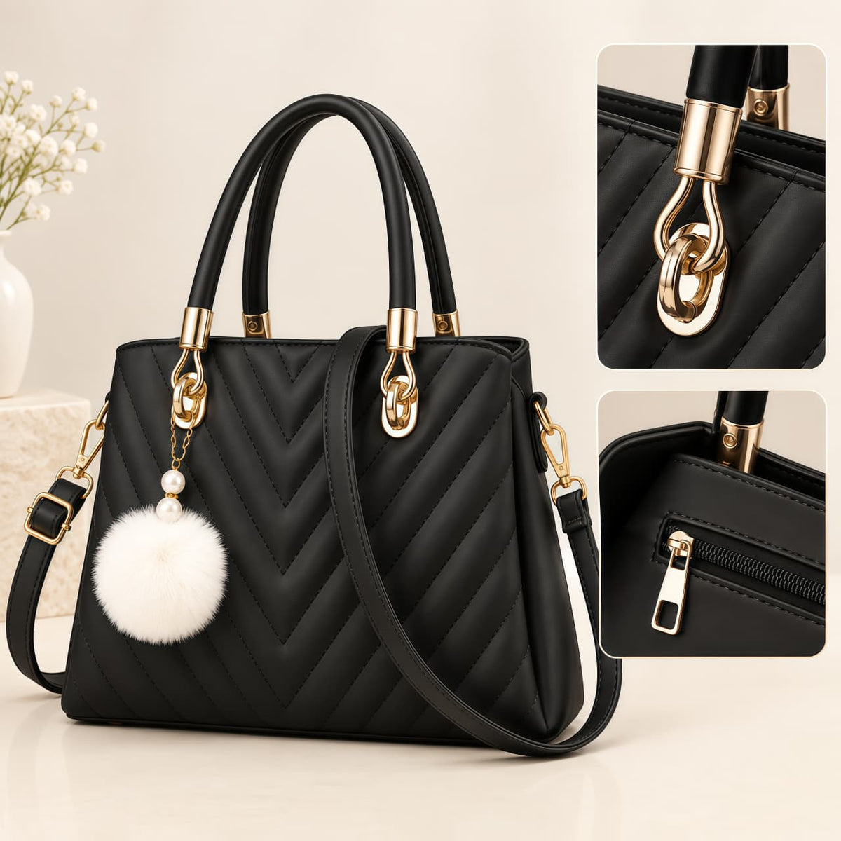 Chevron Quilted Top-Handle Bag with Crossbody Strap