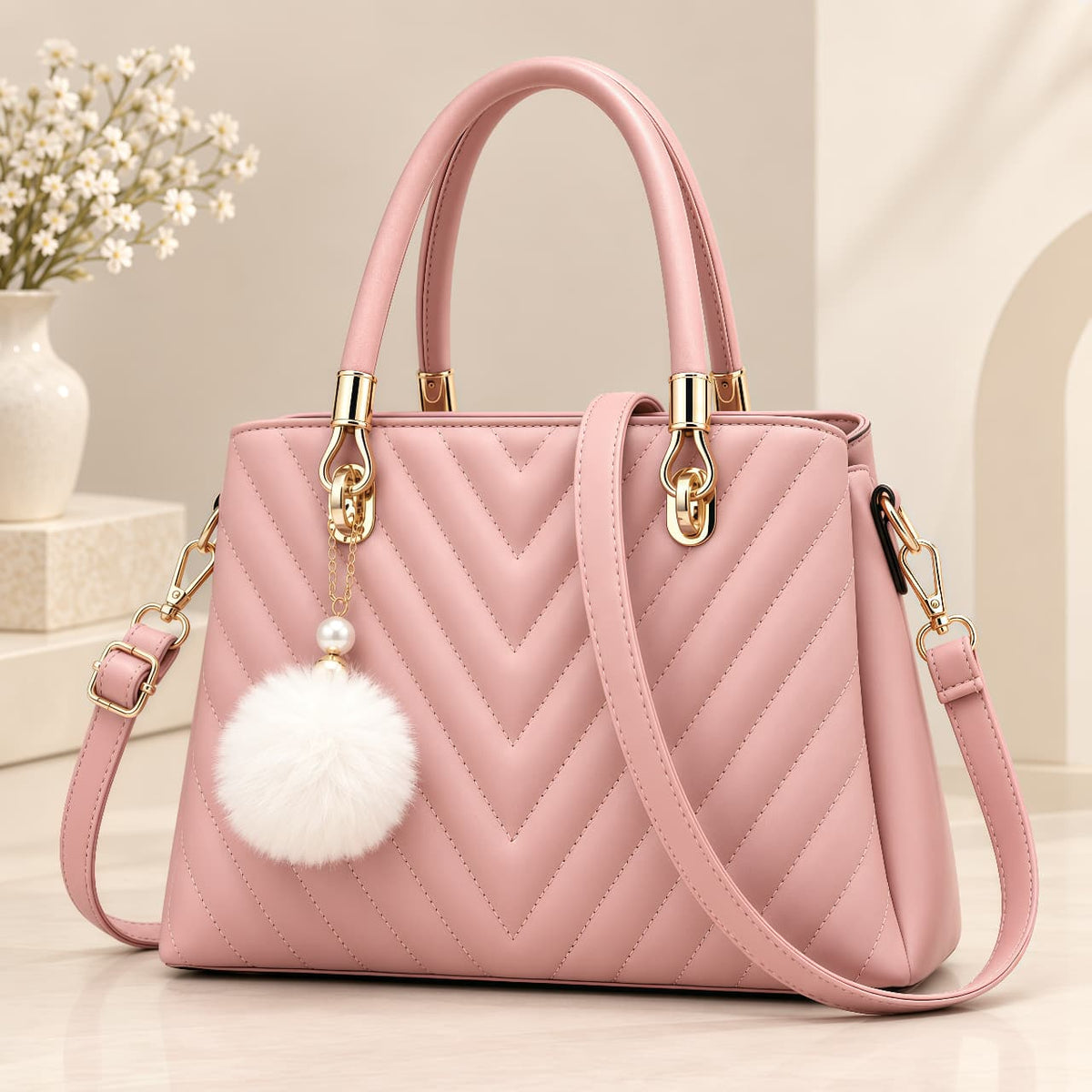 Chevron Quilted Top-Handle Bag with Crossbody Strap